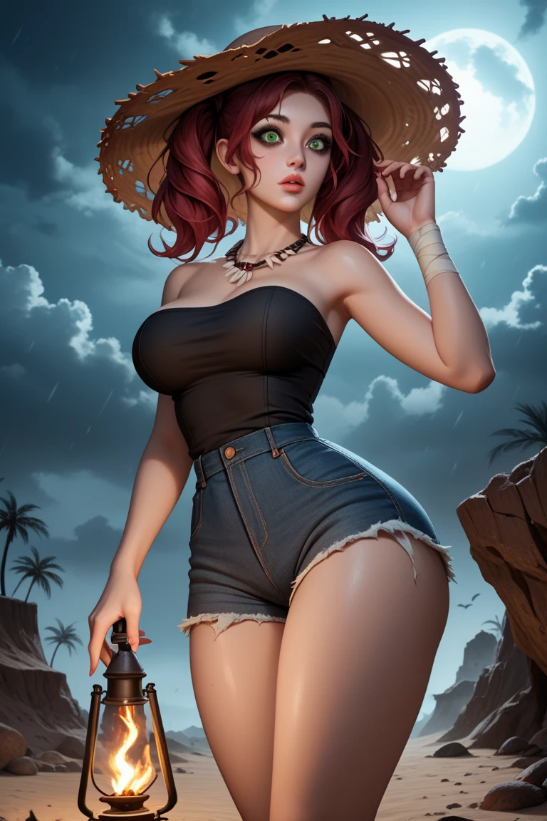 (full body photo/standing/looking at the viewer:1.5), (Woman/Vampire:1.5), (extremely giant breasts:1.8), (wearing white silk thong bikini/extremely small/tight on body/invisible:1.2), (she is on a beach in front of the sea at night raining strong high tide with lit by candles:1.5), (very short red hair:1.3), (green eyes:1.3), (doing sensual pose:1.5), (body/head/swimsuit/extremely wet:1.4), Anime, Mortal Kombat, Horror, Zombie, 16k, Masterpiece, high resolution, high quality, textured skin,