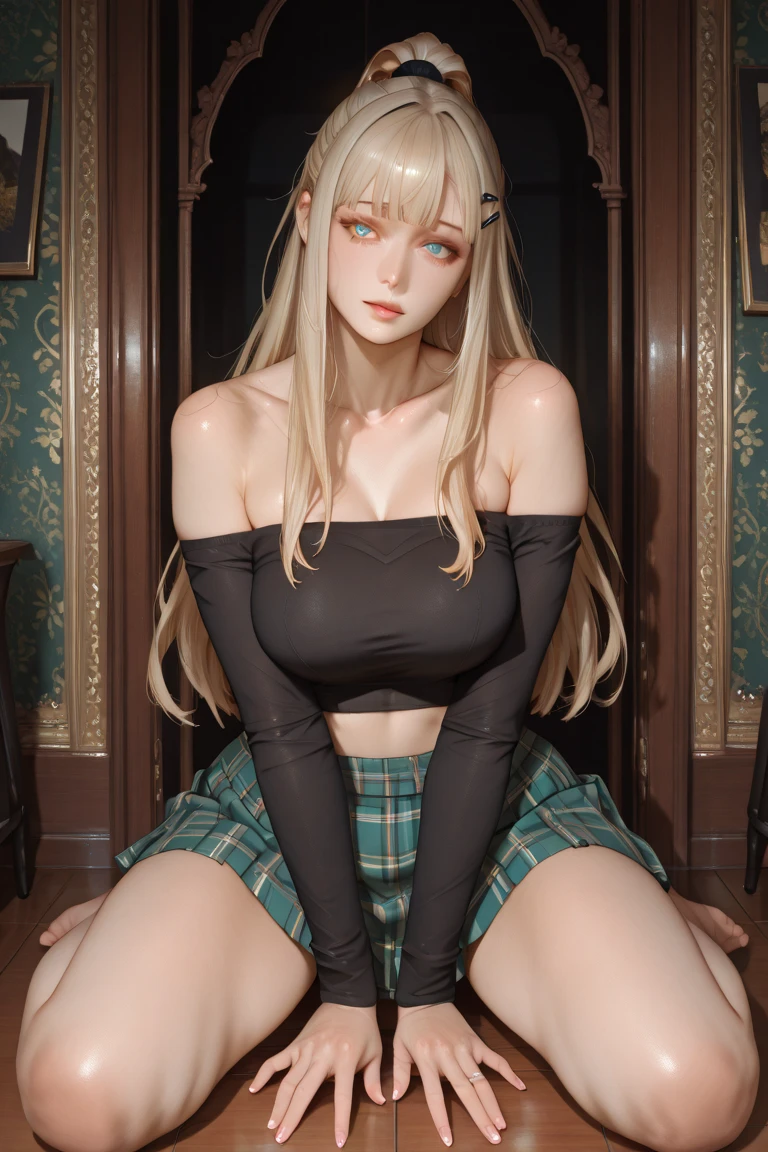 Photo, masterpiece, Best quality, wallpaper, 1 girl, long hair, blonde hair, стоит in the center of the frame, looks at the camera, big green eyes,monastic, church, crosses, Benches, Black Stockings, mantle, shows underwear,in the center of the frame, close-up.
