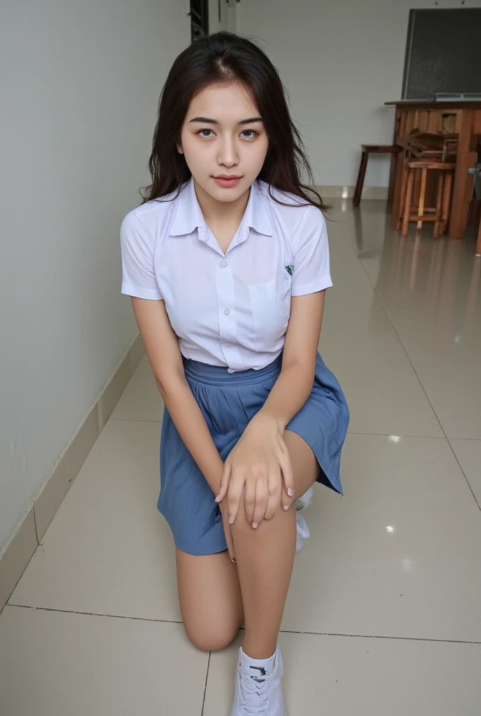 (pp clothes), (realistic), girl showing her panty, show underwear, standing, open legs, view to front, view to camera, wear underwear, visible underwear, Indonesian face, classroom situation, incontinence, peeing herself:1.3, urination:1.3