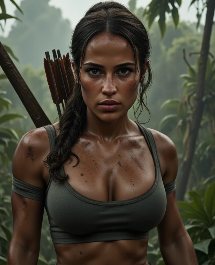 Looks like Mila Kunis, on a mysterious adventure journey, heavy physique, massive breast, deep cleavage, muscular body, muscular female, heavy figure, wide body, Wearing a tank top, thick figure, Capture Lara Croft in a luminous photograph that showcases her fearless spirit and undeniable beauty, Bring her to life with intricate details and a realistic portrayal,detailed skin, perfect eyes, highlighting her iconic symmetry, Realism, textured skin, super detail, award winning, best quality, 16k, retina, cinematic, The background scene of a Lara Croft image typically features a rugged, adventurous setting, often with ancient ruins, dense jungle foliage, or rocky mountains. There might be elements of historical intrigue like crumbling temples, mysterious artifacts, or elaborate tombs, all enveloped in an atmosphere that suggests danger and excitement. The lighting often casts dramatic shadows, enhancing the sense of mystery and adventure.