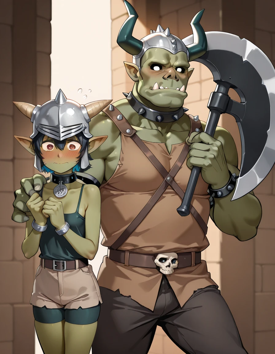 They're just a girl and a boy. 1boy: (Very big orc boy, It's strong, green skin, colmillos grandes, wears a two-handed battle axe, helmet with goat horns, iron shoulder straps with spikes, slave collar, iron bracelets with spikes, Olga medieval pants, belt with skulls, expression would be). 1girl: (Very small goblin girl, green skin, shorts, Top Tube , without helmet, slave collar de hierro, embarrassed expression). They're in the woods during the day. high quality, quality 4k, bright lighting, vibrant colors. 