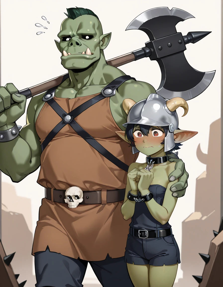 They're just a girl and a boy. 1boy: (Very big orc boy, It's strong, green skin, colmillos grandes, wears a two-handed battle axe, helmet with goat horns, iron shoulder straps with spikes, slave collar, iron bracelets with spikes, Olga medieval pants, belt with skulls, expression would be). 1girl: (Very small goblin girl, green skin, shorts, Top Tube , without helmet, slave collar de hierro, embarrassed expression). They're in the woods during the day. high quality, quality 4k, bright lighting, vibrant colors. 