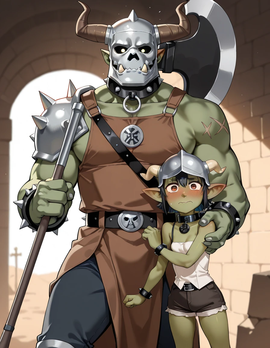 They're just a girl and a boy. 1boy: (Very big orc boy, It's strong, green skin, colmillos grandes, wears a two-handed battle axe, helmet with goat horns, iron shoulder straps with spikes, slave collar, iron bracelets with spikes, Olga medieval pants, belt with skulls, expression would be). 1girl: (Very small goblin girl, green skin, shorts, Top Tube , without helmet, slave collar de hierro, embarrassed expression). They're in the woods during the day. high quality, quality 4k, bright lighting, vibrant colors. 