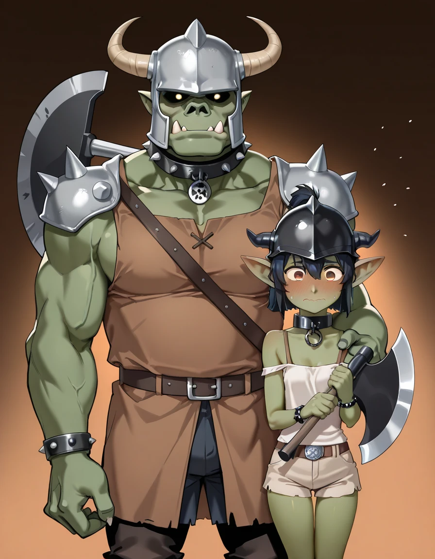 They're just a girl and a boy. 1boy: (Very big orc boy, It's strong, green skin, colmillos grandes, wears a two-handed battle axe, helmet with goat horns, iron shoulder straps with spikes, slave collar, iron bracelets with spikes, Olga medieval pants, belt with skulls, expression would be). 1girl: (Very small goblin girl, green skin, shorts, Top Tube , without helmet, slave collar de hierro, embarrassed expression). They're in the woods during the day. high quality, quality 4k, bright lighting, vibrant colors. 