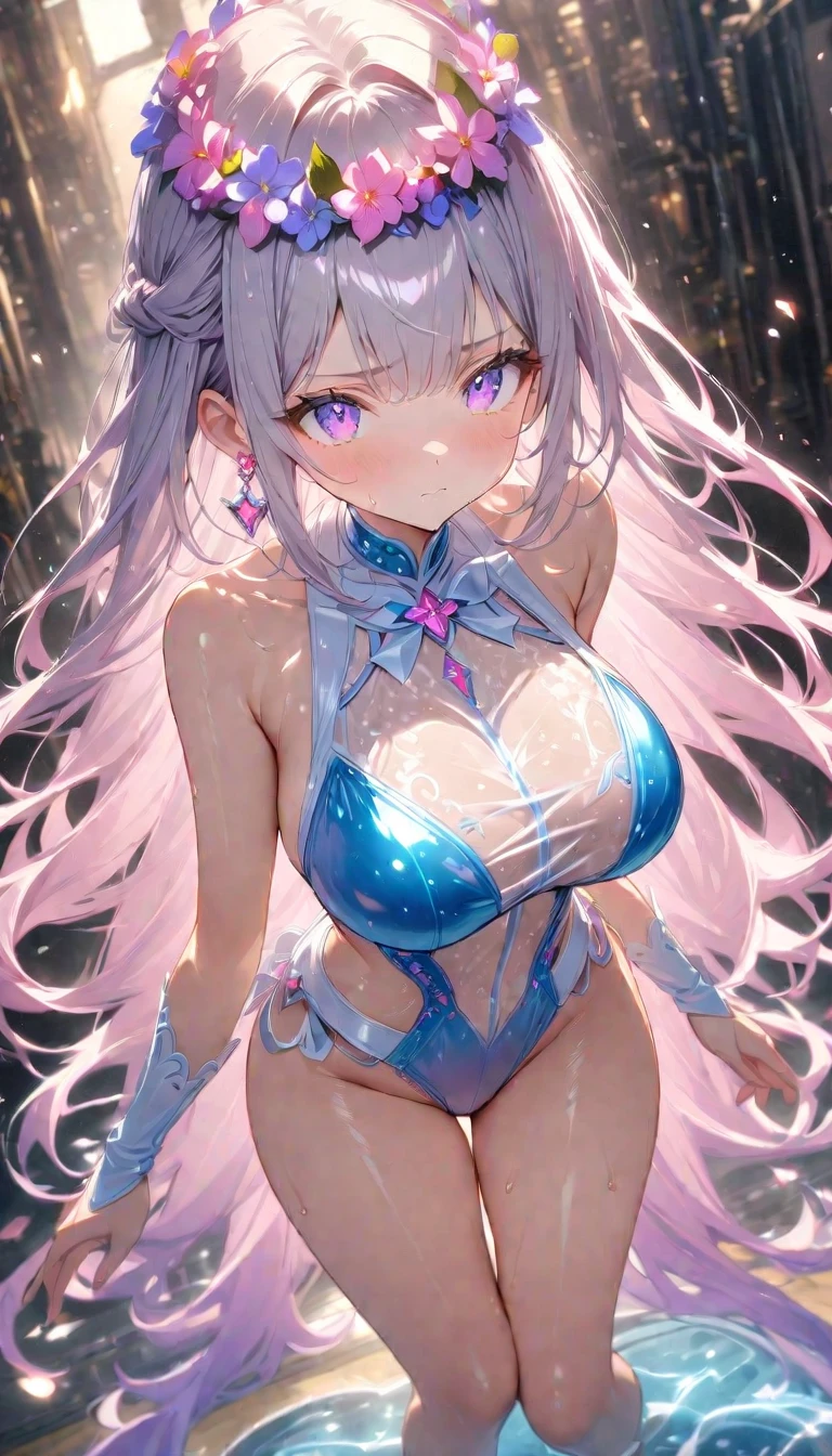 (masterpiece, best quality: 1.2), high resolution, high quality,cute 1girl, shiny luminous hair, very long  hair, braids, transparent dress covered in glitter, 