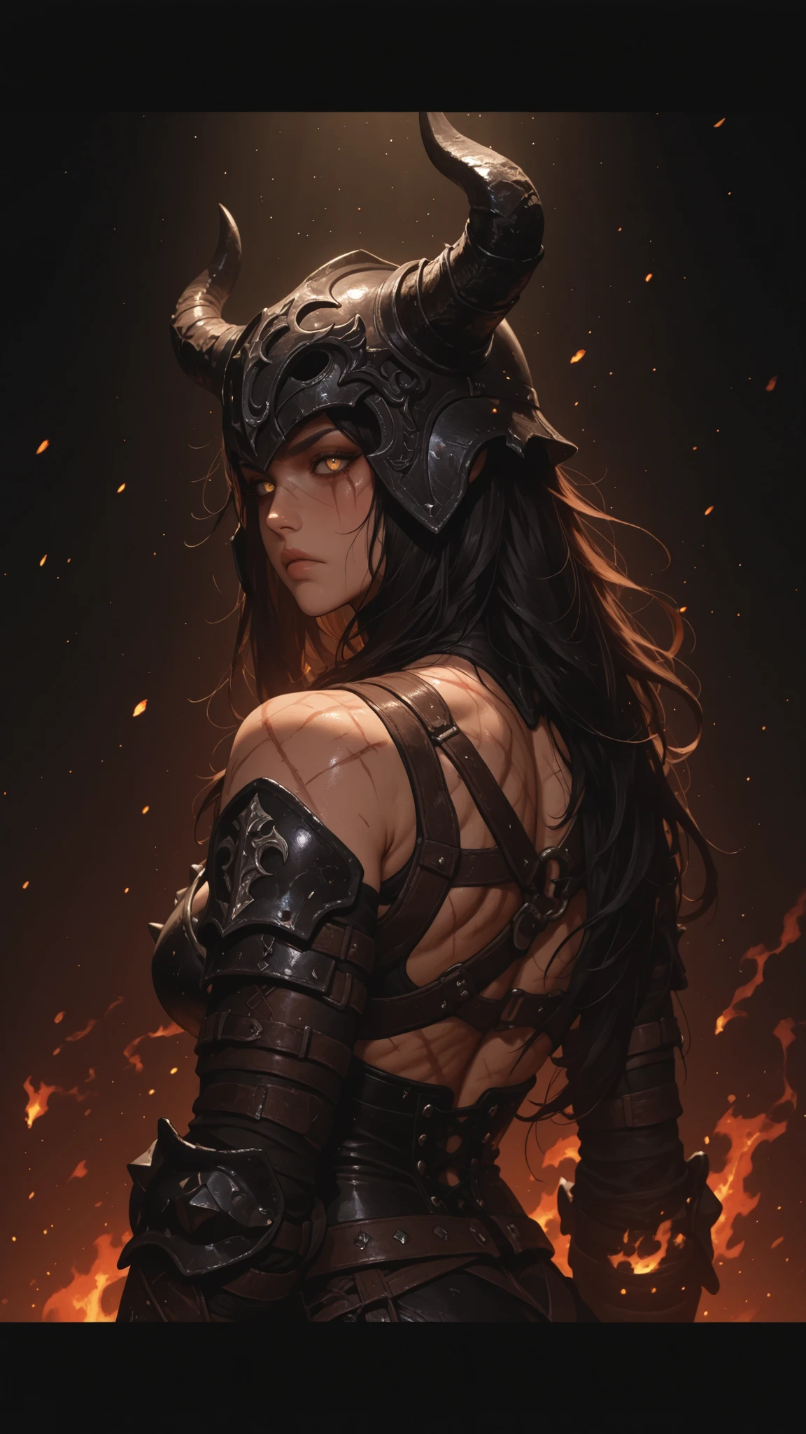 A woman from the Hyborian Age, strong and beautiful warrior, Caucasian skin,black metal armor on the legs, and I don't wear a low-cut top, black metal helmet with black horns, A screen , Action scene,fighting a 10-foot black ogre with glowing red eyes, fully body, battle pose, seen by third parties. woman with huge breasts, blue colored eyes, Caucasian skin, black hair , Waist slender