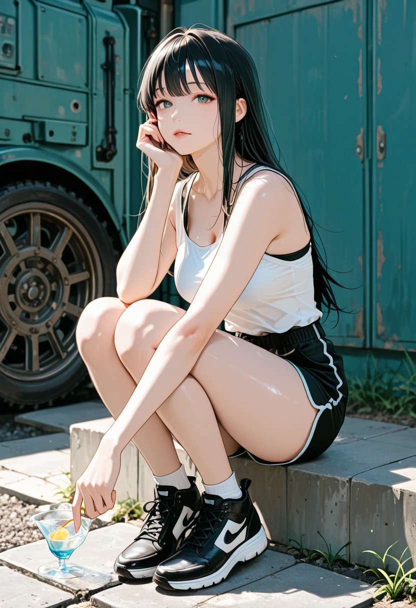 girl similar to gorillaz noodle, long black straight hair ((drawing)), ((anime girl nose)), tied to the train, comical image, funny