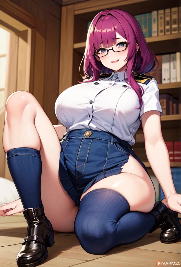 One beautiful mature woman, alone, Gorgeous face, (blush)、((Wearing a police uniform)), Grin、Red lips, eye shadow, eyeliner, ((Open legs)), With an ass like that, Huge breasts, Thighs Thighs, please sit down、Pink Bob Hair, lingerie, (masterpiece, highest quality, 8k, Realistic)
