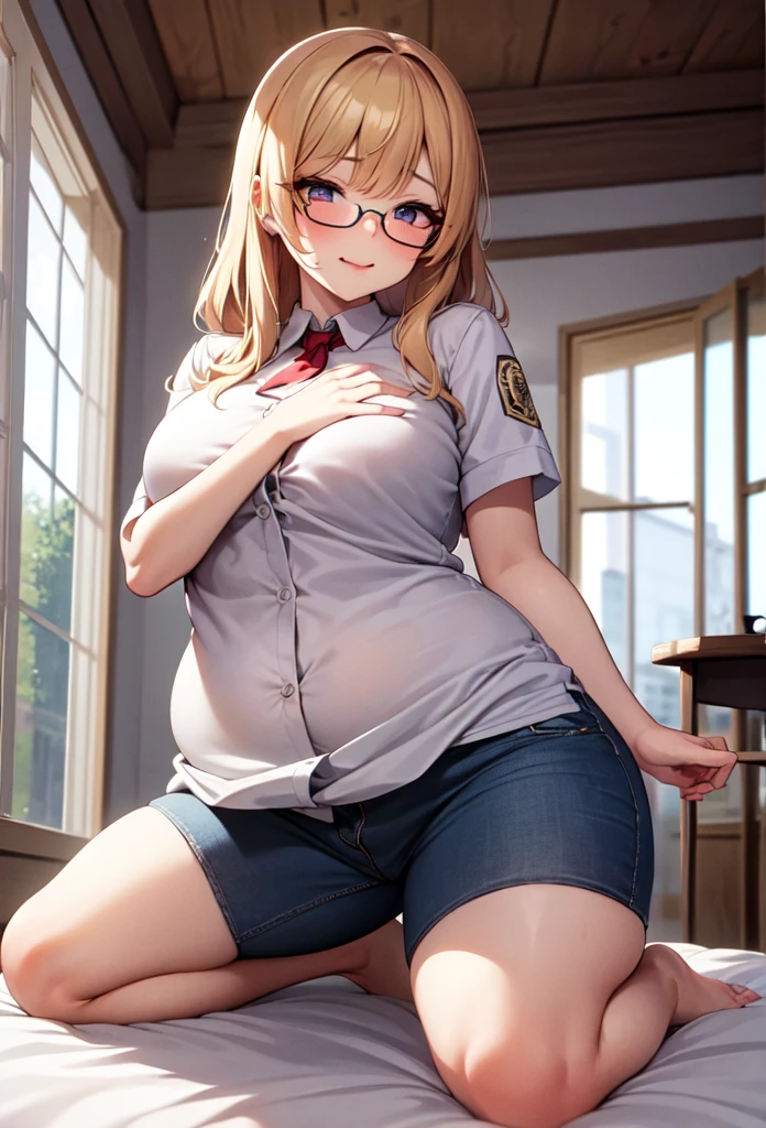 (masterpiece),(best quality), highres, incredibly absurdres, absurdres,very_high resolution, original, intricate details, hyper detail, ultra-detailed, exquisite detailed, extremely delicate, solo:1.5, a mature woman, (schoolgirl uniform), (seductive face), beige hair, shiny skin, huge long wide breasts, spread legs, crotch, sit, thick, curvy, chubby tummy, bbw, (__unlon__),