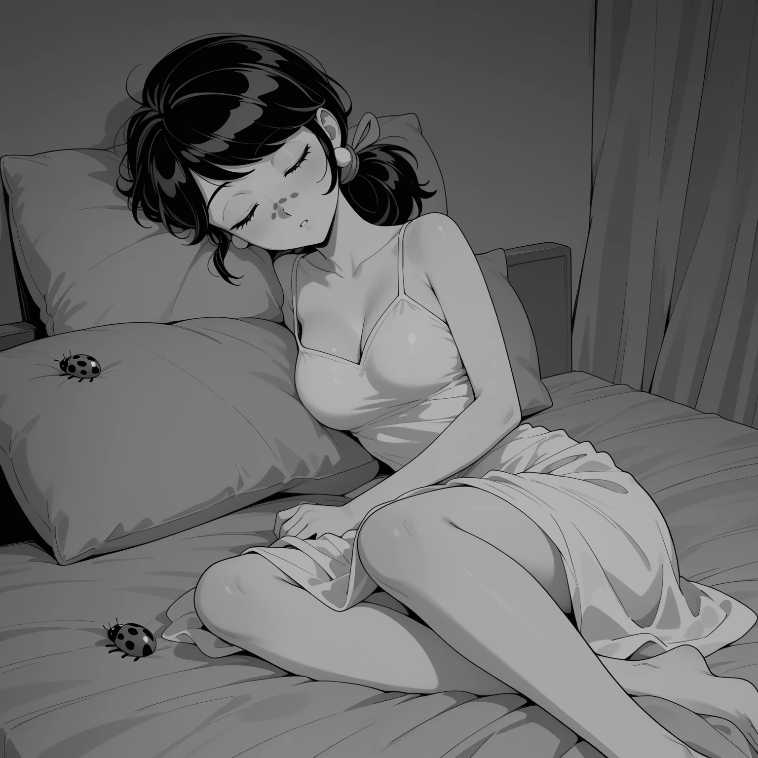 Wake up in a female body, shocked, bed room, black and white