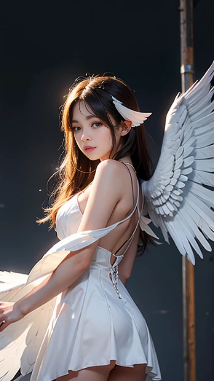 masterpiece, best quality, Hatsune Miku, white dress, Angel, Angel wings, a golden halo, dark background, Upper body, (Keep your mouth shut:1.2), looking at the audience, Put your arms behind your back, blue theme, Star, starry night,(huge breasts)