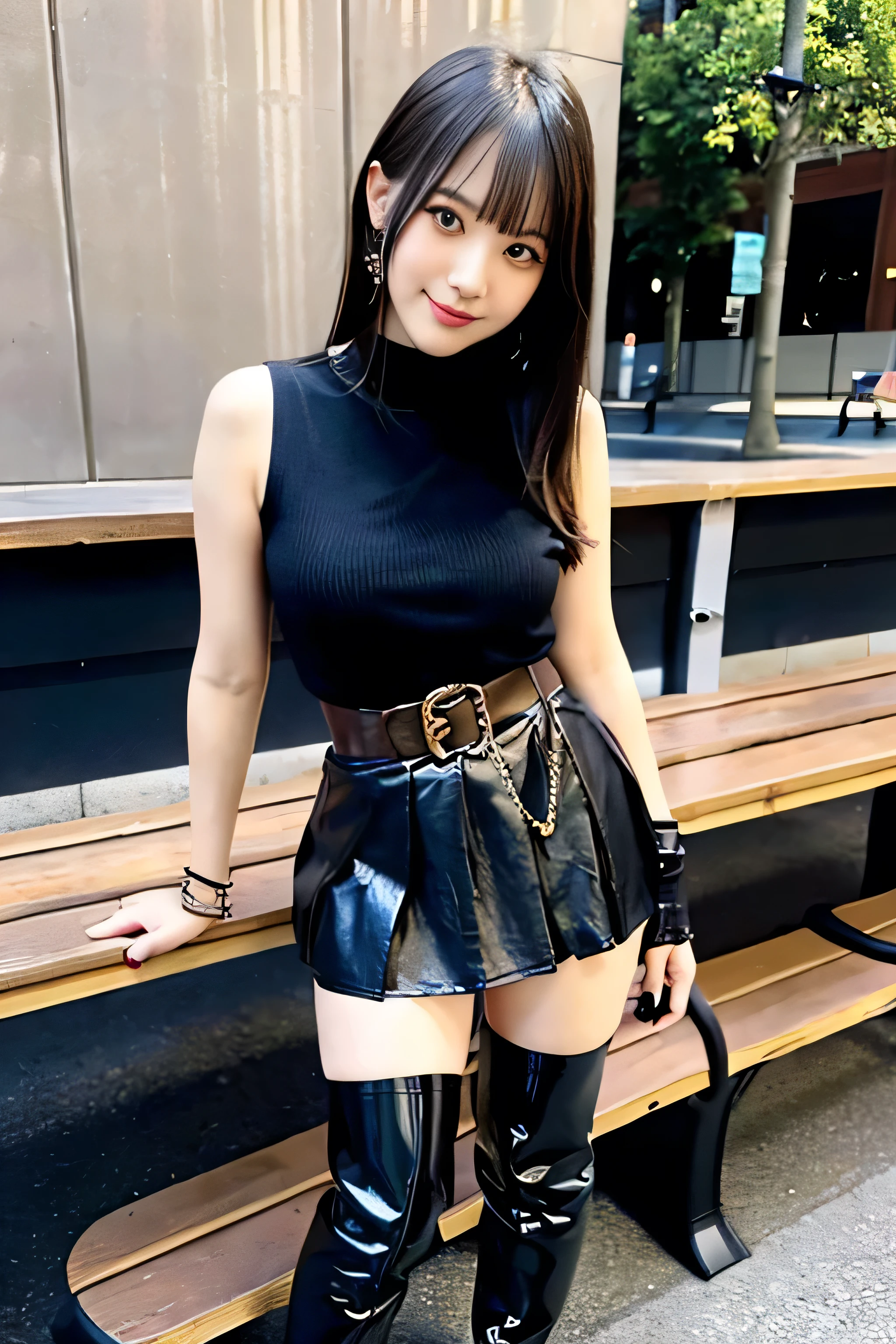 (large breast), (detailed face:2.4), full body photo, she is in a street, (standing by a bench:1.9), (hands next to the waist:2.2), one girl, ((High resolution)), blonde hair, Light Hair Color, sexy, Beautiful eyelashes ,High resolution ,Zoom out ,20-year-old ,((Highest quality)) ,((Very detailed)), ((Finer details)) ,High resolution , ((8k)) wallpaper ,Beautiful eyes in every detail ,Natural lip color ,((very beautiful:1.5)), Full body, (front view:1.5), looking camera, ((leather sleeveless mini dress)), ((leather pleated brown skirt)), (knee high boots), (very high gloss), (Little Devil Smile), (curvy thighs:1.5), (a beauty girl, delicate girl:1.3), break, very fine eyes, (symmetrical eyes:1.3), break,brown eyes, parted bangs,best smile, break, (masterpiece, best quality, ultra detailed, detailed face, 8k)