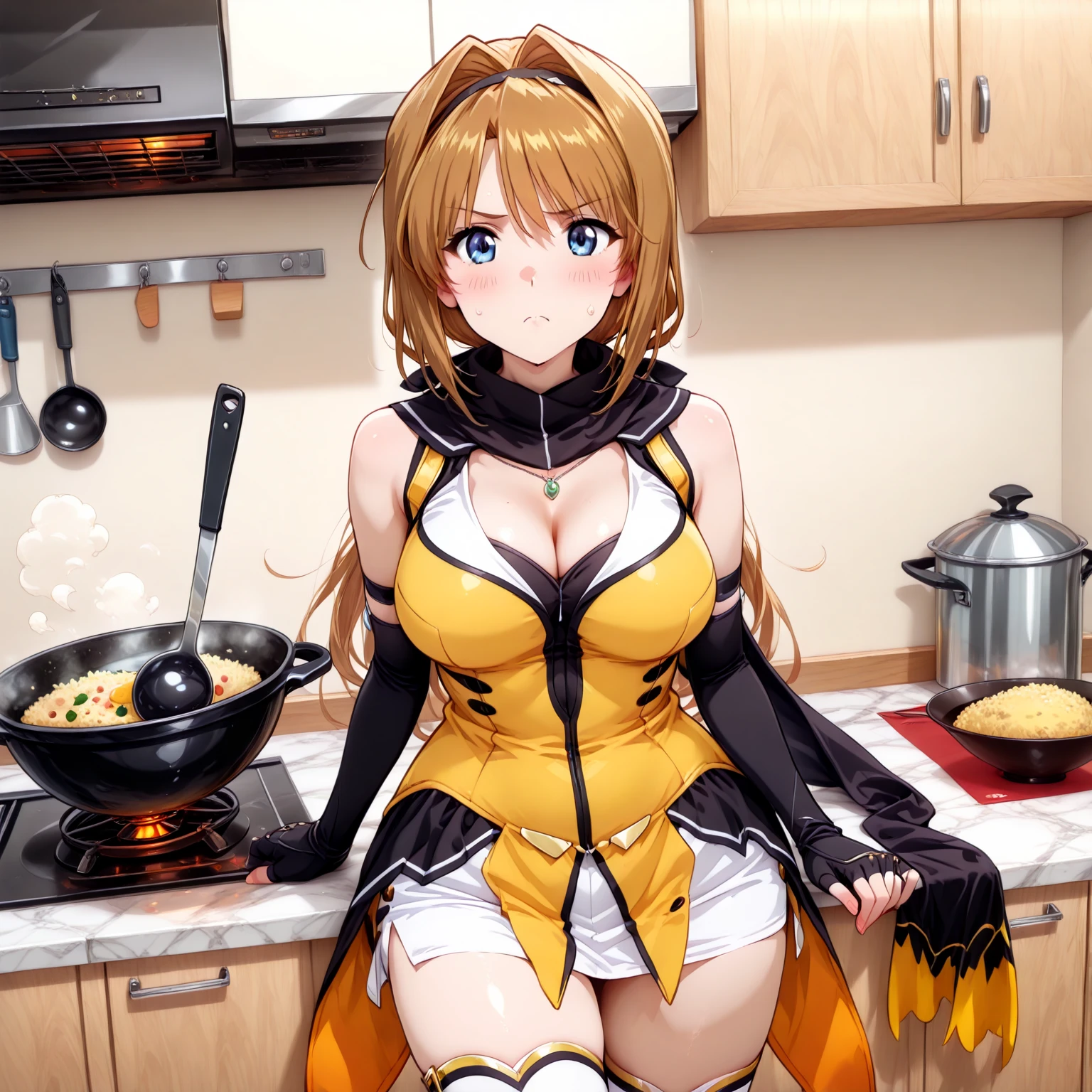 Menace, 1woman, underboobs, with a cup of hot coffe, sitting on a chair, smiling, in the kitchen, detailed background <lora:MenaceV2-000014:1>