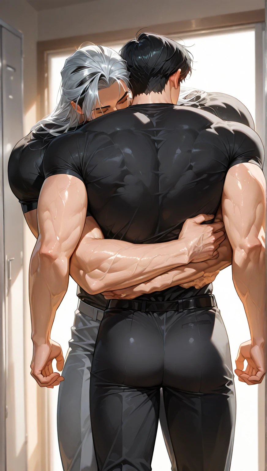 best quality, masterpiece, yaoi, two rugged men, handsome young man with bronzed tan skin who is bound and chained, deep cuts and dark bruises, tears welling up, anal sex, doggystyle, face down ass up, sex from behind, anal sex with evil knight who is a massive bodybuilder man wearing full metal armor, ((grab ass)), splashing went anus, dark dungeon, ambient lighting, dramatic shadows, manga art style, best view, perfect fingers, no watermark, no logo, no signature