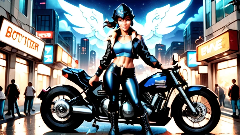 Boy with batman shirt and blue xadrex blouse tied around waist wearing black boot and black cap turned back and ripped pants kissing a Japanese girl with long hair and wearing black vest and black boot and black calaca next to a harley motorcycle written onna bugueisha