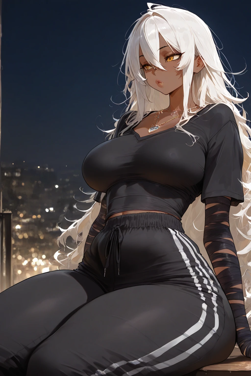 Masterpiece, PFP, trending on artstation, 8k, (intricate details1:1), 1girl, dark skin, milf, mature woman, thick legs, wearing a shorts and a big hoodie, muscular body, tanned skin, blonde hair, ponytail, leopard ears and tail, 1tail, hybrid human, leopard legs, animal paws, felidae, SFW, facing viewer, animal features,