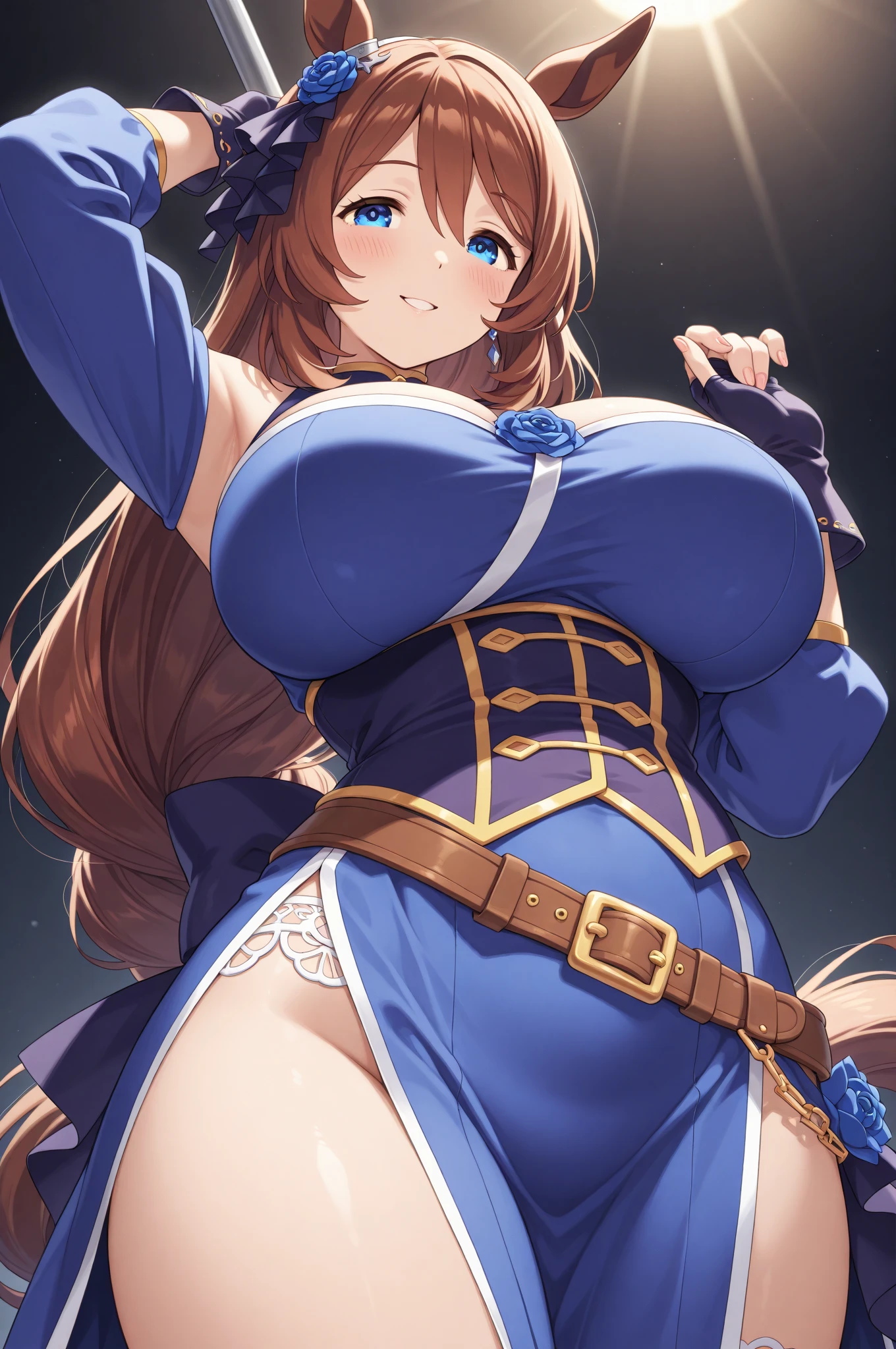 1girl(fate grand order, Leonardo da Vinci, brown straight hair, light blue eyes, big breast, blue opera length gloves, bule long tights, short boots), simple back ground,