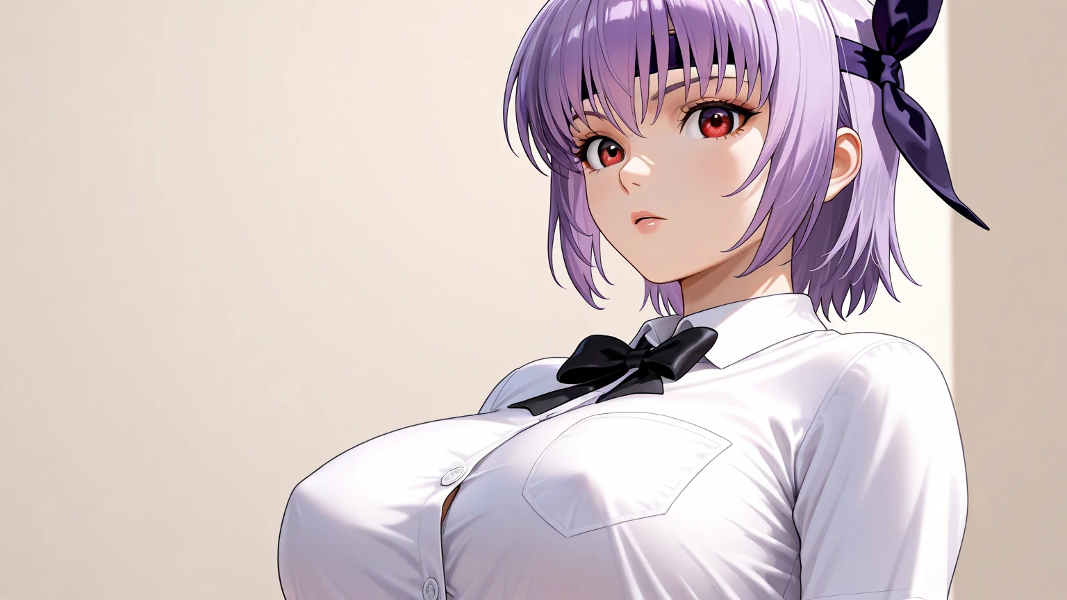 Ayane_DOA, 1girl,solo, short hair, purple hair, ayane (doa), red eyes,large , bangs,white long shirts,black bow tie