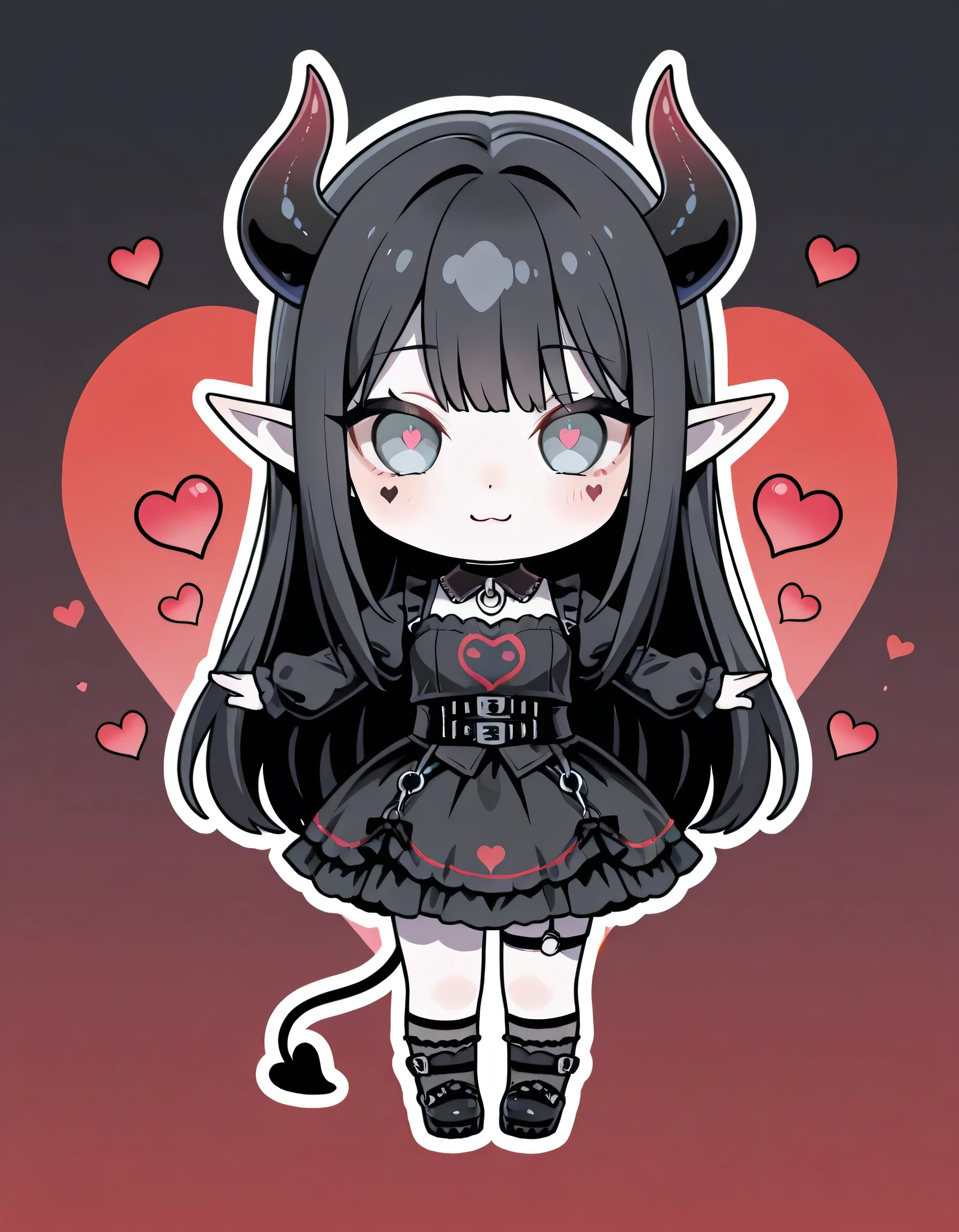 (Red heart background) A cute picture of a chibi demon girl with black demon horns and black demon tail, pale skin, grey eyes, long black hair, elf ears, gothic style clothing, made into a sticker