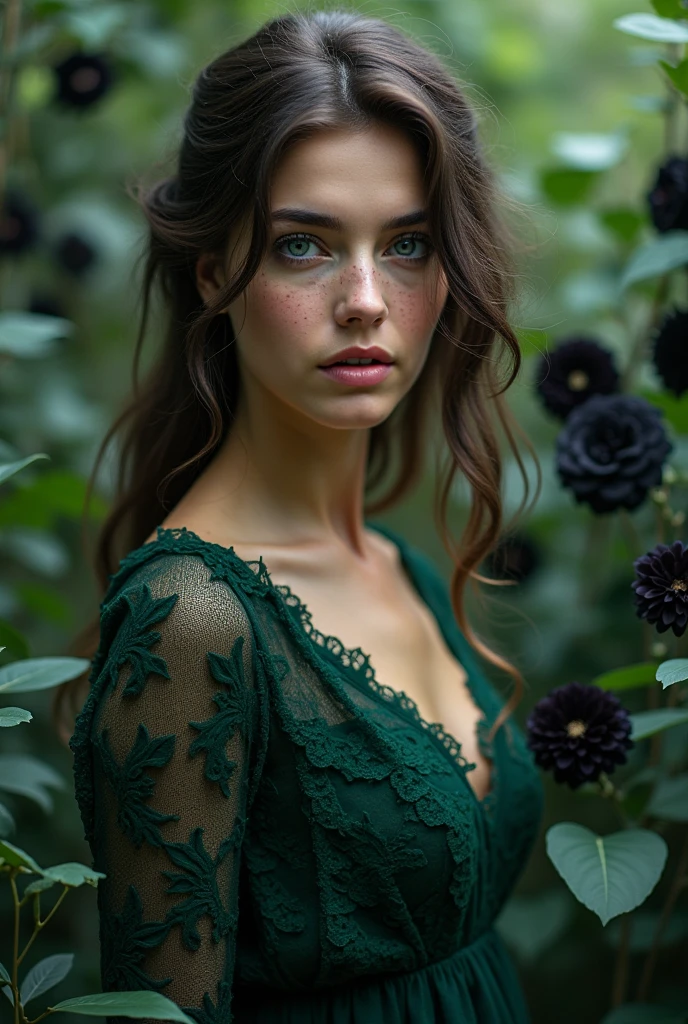 Elizabeth Taylor from above、Highly detailed eyes and face、Dark atmosphere、Highly detailed hands、in the forest、Very realistic