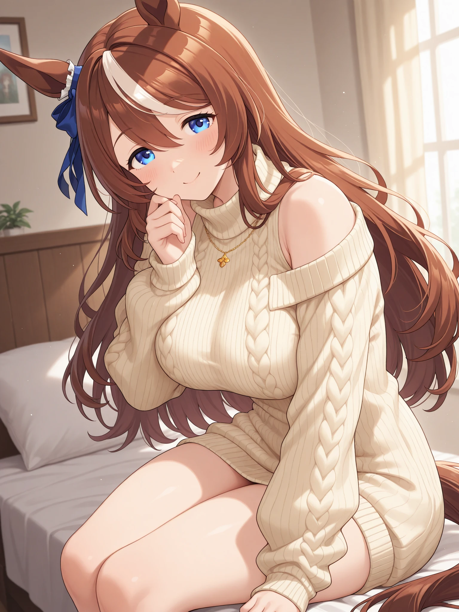 (High quality, High resolution, Fine details), Modern Living Room, off-shoulder sweater, solo, curvy adult women, long wavy light brown hair, sparkling eyes, (Detailed eyes:1.2), smile, blush, Sweat, Oily skin, Soft tones, shallow depth of field