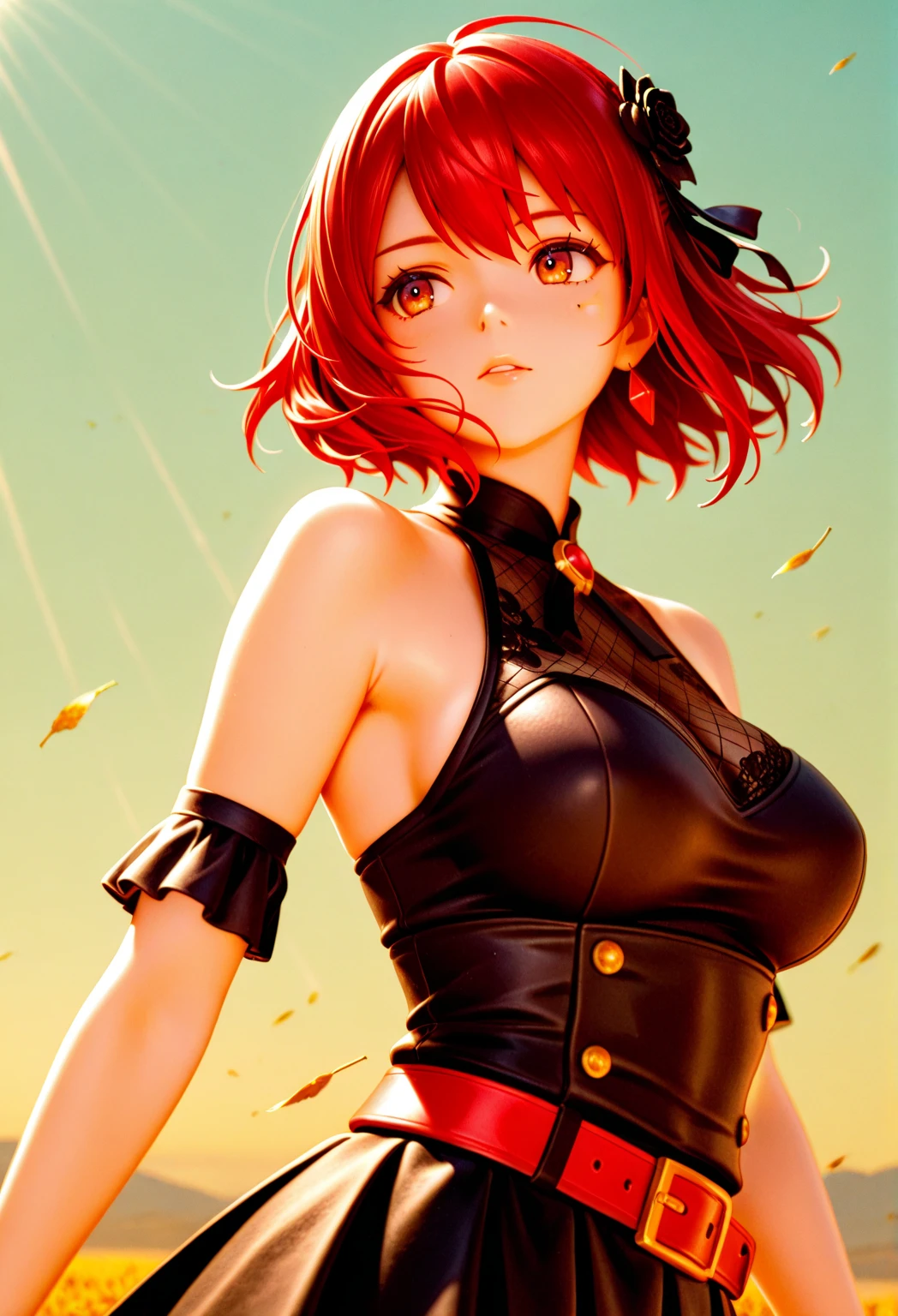 Magical girl Orange bob hair Black costume mini skirt Medium sized breasts 16 years old A relaxed expression universe space