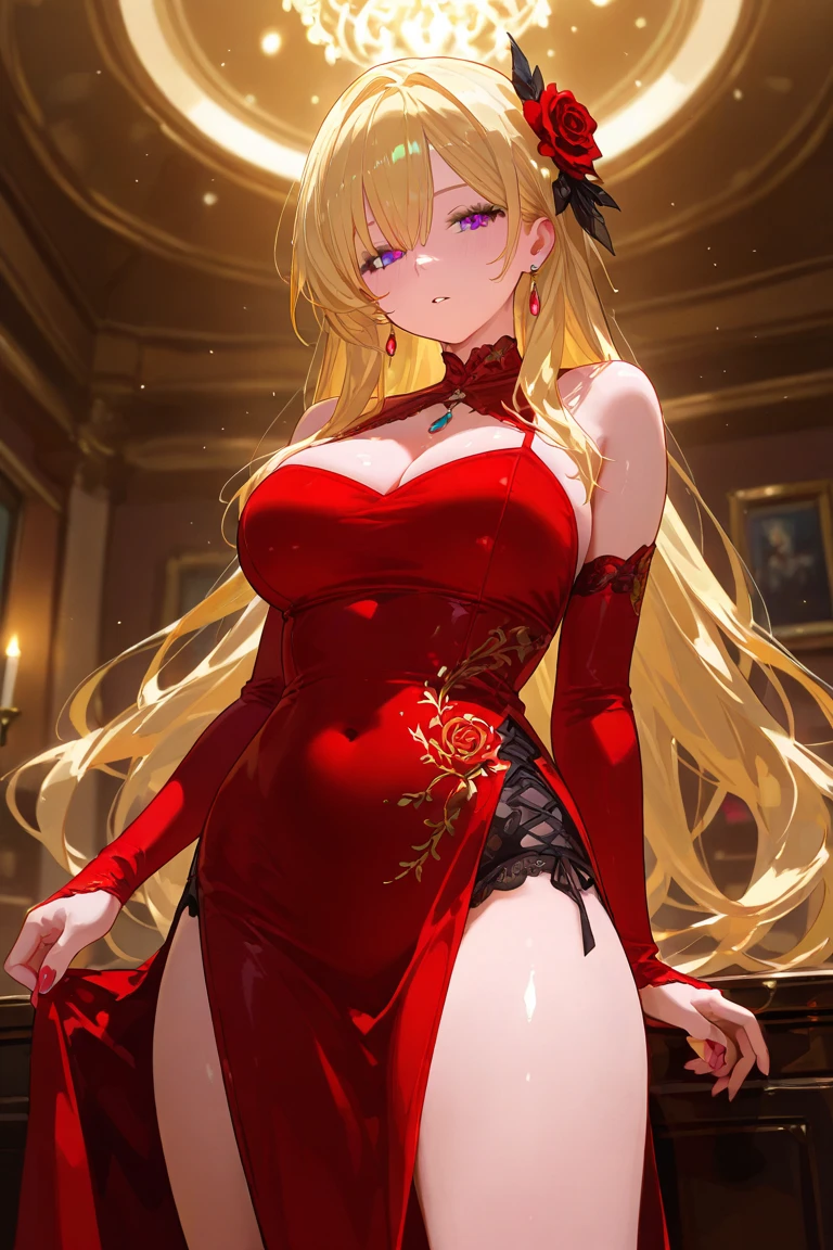 (very close up) (1girl) (adult woman) (topless:1.1) (elaborate beautiful red gold dress:1.2) (ruby red chains on wrists) (girl looking at viewer intently) (ruby red halo) red rose choker, night, dark cozy bedroom, Good lighting, Shadows in the movies, very large breasts, thin waist, Long HAIR, (blonde hair), (sitting obediently:1.4) (obedient look:1.4), original HAIR style, Dynamic Angle, (detailed face:1.3) (dynamic lighting:1.5), (ruby red eyes) (ruby red leaf bracers on arms) (ruby red leaf hair piece) (elaborate ruby necklace) (red roses on bed:1.3) (red roses in hair) (stunning beautiful red eyes)