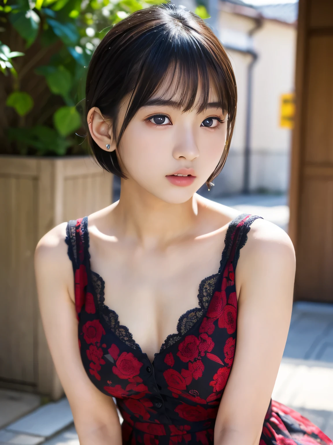 Mikasa, 19 year old young woman, Best quality, High resolution, Short hair, Black eyes, see viewer, red tshirt, wearing Choker Necklace Bondage, Highest quality, high resolution
