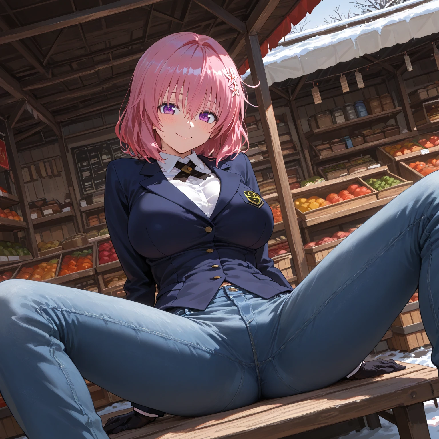 (1 female), middle aged, look away, ((blush)), My pants are completely exposed, ecstasy face, pink bob, ((huge breasts)), earrings, necklace, (Climb and straddle、I rub my wet sexy panties on the edge of the table), ((spread your legs, raise your legs, open your mouth)), ((Obsessed with masturbation)), sealed, Places with a lot of people, (anime background), Large shopping malls
