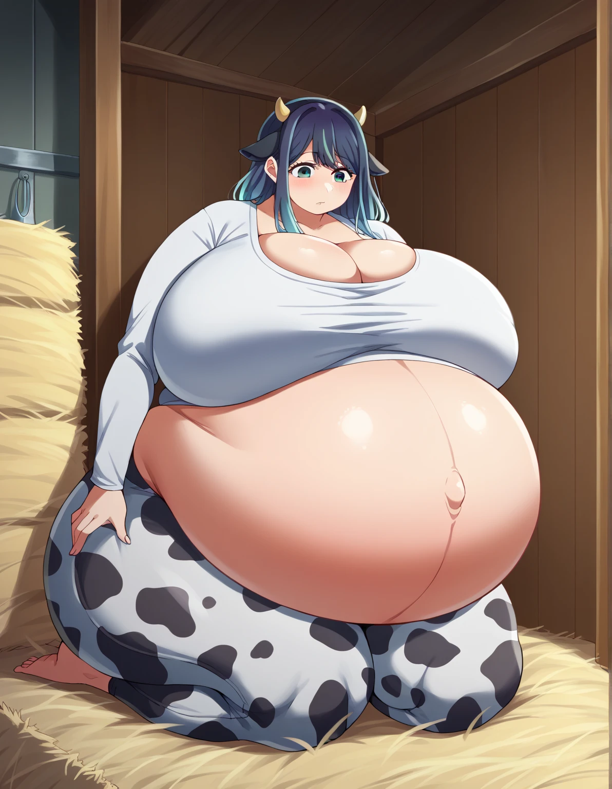 naked, enormous breasts, long nipples, moaning, chubby, enormous erect penis, enormous heavy balls, cow person, Futanari, alone, bedroom, lactating