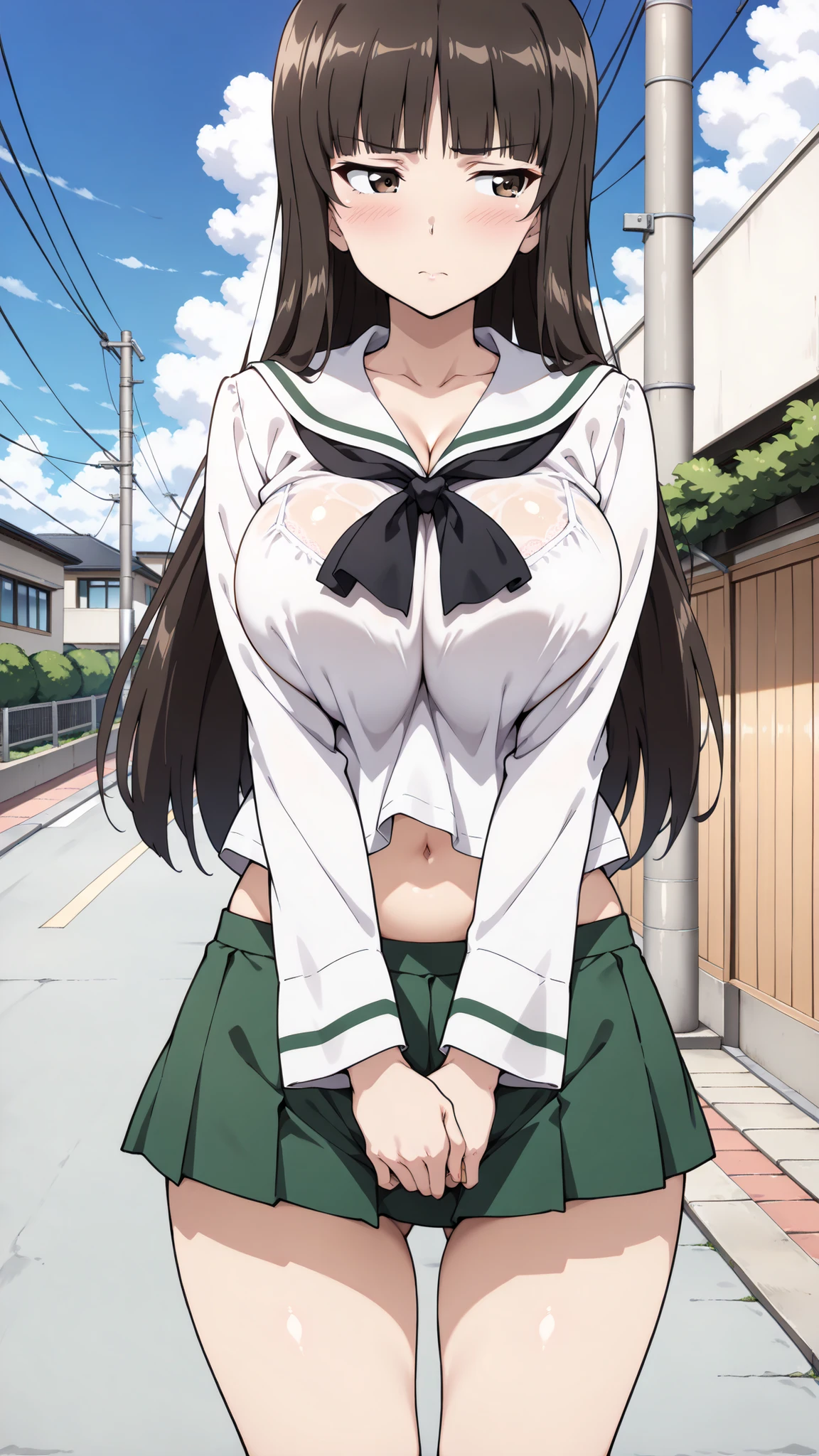 (((show off nipples))),Noel Niihashi, Shinbashi Noel Long Hair, blue eyes, Black Hair, hair ornaments, Hair Clip, (Large Breasts:1.2),
break skirt, shirt, Long sleeve, bow, , Jacket, white shirt, Pleated skirt, collared shirt, bowtie, red bow, Plaid, Capelet, blazer, Green Skirt, green Jacket,
break outdoors, city, sun, null, cloud,
break looking at viewer, (Cowboy Shot:1.5),
break (masterpiece:1.2), Highest quality, High resolution, unity 8k wallpaper, (figure:0.8), (Beautiful attention to detail:1.6), Highly detailed face, Perfect lighting, Highly detailed CG, (Perfect hands, Perfect Anatomy),
