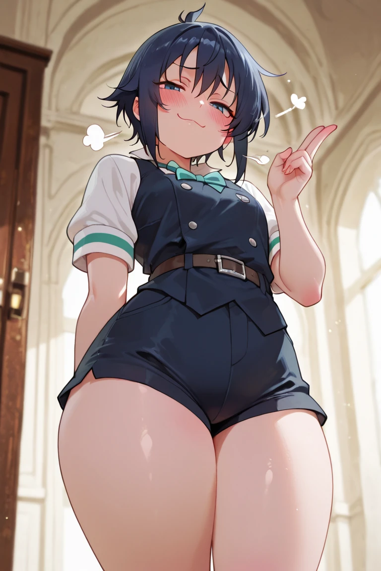 (Perfect body),Best Quality,(8K Portrait),(anime screen cap)、((Police Woman)),blush,Sweat,((large udder))、(Dark hair),((bob cuts))、Yellow eyes,(((thick thighs))),((((Navy blue leotard))))、from behind、((A smile))、Cowboy Shot、((saluting))、((((Left hand on hip))))、(Navy blue jacket)、showing teeth、one eye closed、(((Chibi)))