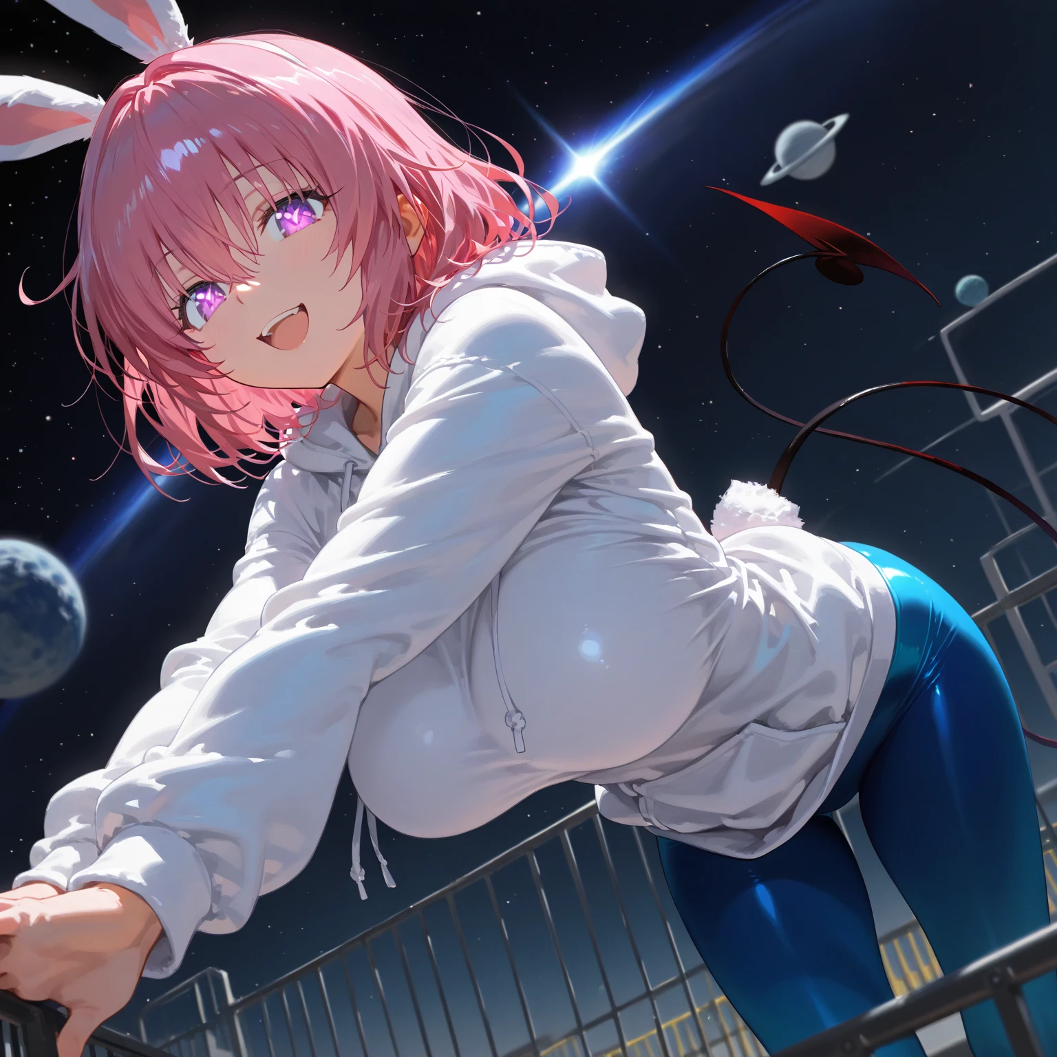 (Perfect body),highest quality,16K、Browsing Caution、(((((upon)))))、((((low length))))、blush、(V-shaped eyebrows)、:d、Embarrassing、((((short hair))))、(My hair is messy)、Wavy Hair、Ahoge、(Yellow Eyes),((Pink Hair))、Yellow goggles on the head、Yellow Hair Clip、(school uniform)、(White knee socks)、(Pink gloves)、Yellow Jacket、((Nipples in light blue striped panties))、(((Thick thighs)))、Spread your legs、Underarm、electronic space、