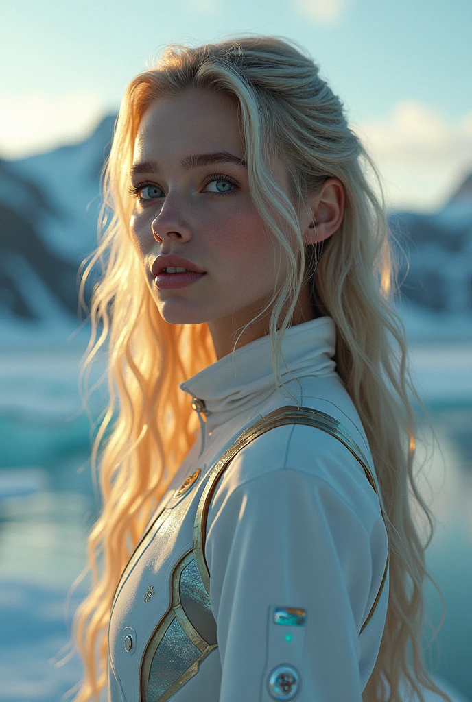 (extremely detailed woman with long blonde hair braided in the shape of a ponytail, blue eyes, soft and delicate skin, medium breasts, looking to be 25 years old wearing a dress made of ice covering her entire body, realistic, angelic, award-winning digital art,(insamente detailed 1.5,) with tips in detail in 8k wallpaper ) wide and open photography 20 megapixel canon eos r3 ice magic,  in an environment of dramatic and chaotic rain, in a frozen sea, and a giant ship in blur in the background