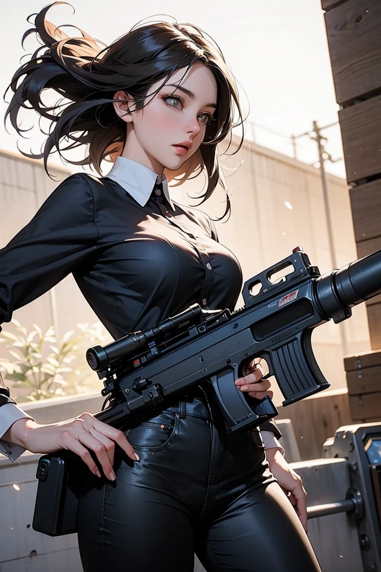 women, fair skin, cute, masterpiece, ((best quality, 8k, ultra-detailed)), CG, perfect anatomy,(solo:1.4), pretty face, realistic skin texture, pale complexion, detailed hair, realistic hair, a girl with gun, holding_weapon, Aimpoint, stockings, side boob, nice round butt,((brown hair)),sexy_pose, The light shines on the girl, sense of sacredness,8K,(profile:0.6), blush, shy,looking-at-viewer