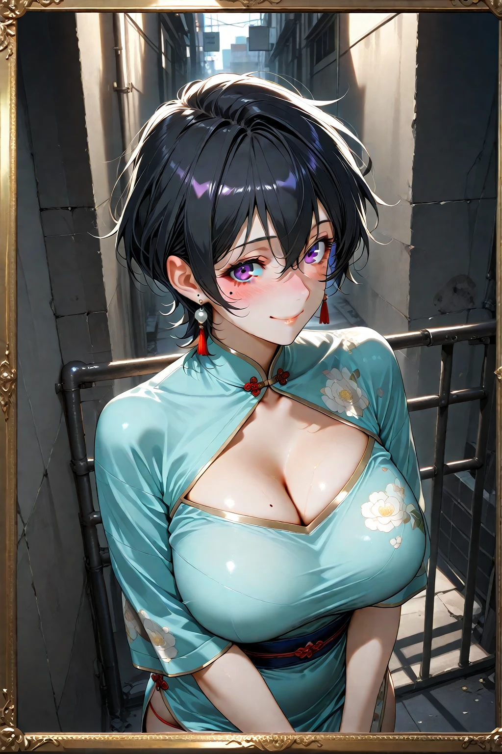 1girl , Erotic cheongsam, garter stockings,, (best quality,8k,highres,masterpiece:1.2),ultra-detailed,(realistic,photorealistic,photo-realistic:1.37),studio lighting,ultra-fine painting,sharp focus,physically-based rendering,extreme detail description,professional,vivid colors,,huge breasts,tamaki