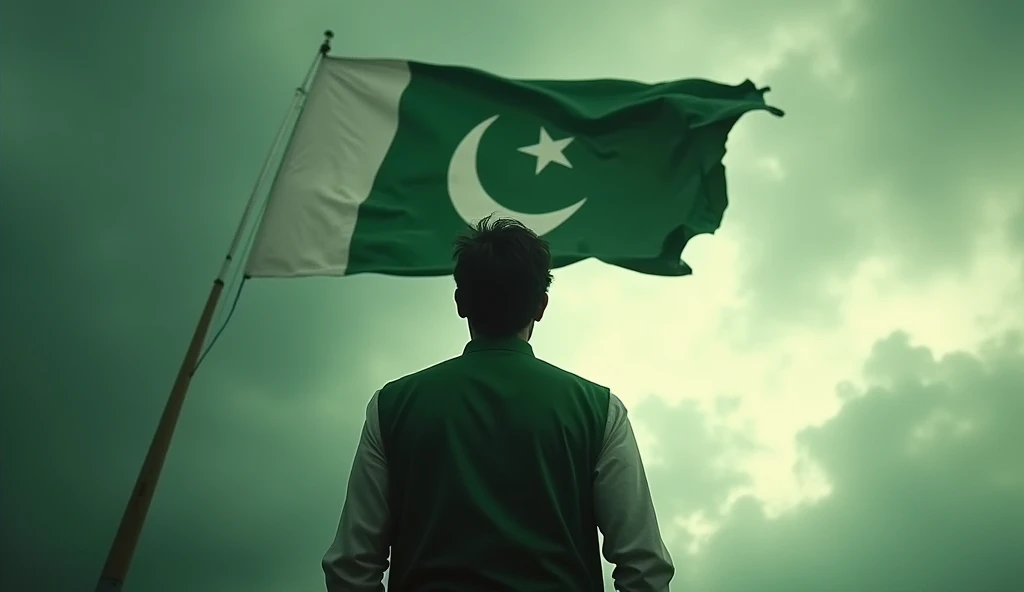 People salute pakistan flag hanging in tower of pakistan