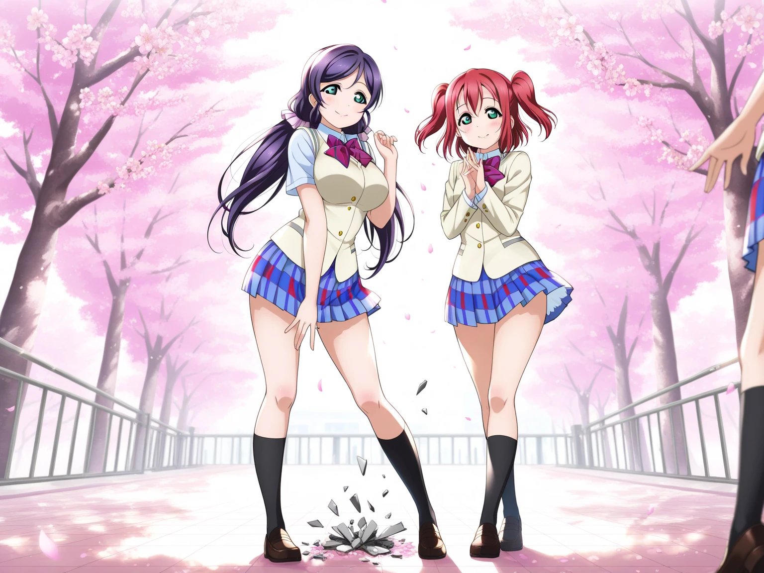 (2 girls) Yukinoshita Yukino , (Yukinoshita Yukino white lace panties). Yuigahama Yui ,(Yuigahama Yui'Pink lace pants), Cherry-blossom viewing, uniform,,(black blazer),shirt,Yuigahama Yui has big breasts,Yuigahama Yui opens her mouth,(check skirt:1.0)),((shiny panties)),(pin up),squat,thighs,knees,calf,white socks,pink sneakers,whole body,smile,from the front,high quality