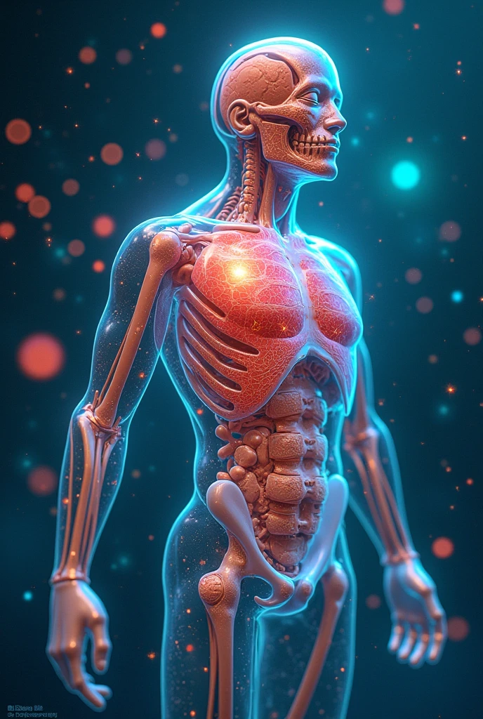 Human figure, transparent outline revealing all internal organs such as lungs, heart, diaphragm muscle, stomach, liver, intestines, on a black background, neon contours, human features on the face, male, richly detailed, 3D, full HD, 4K quality.