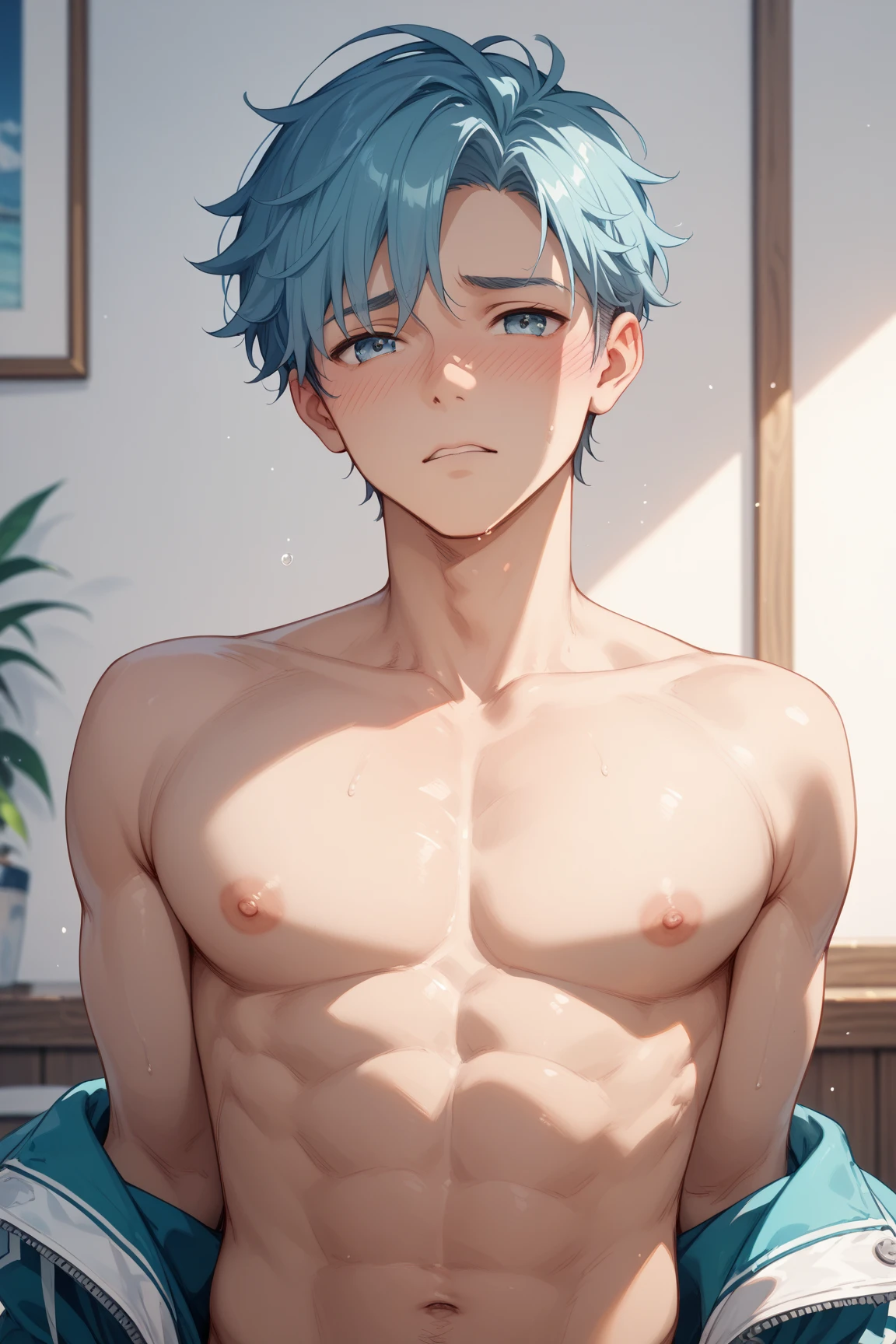 young boy, cat ear, chiseled abs, chiseled pecs, sweating, (12 yo), (hair covered human ear:1.5)