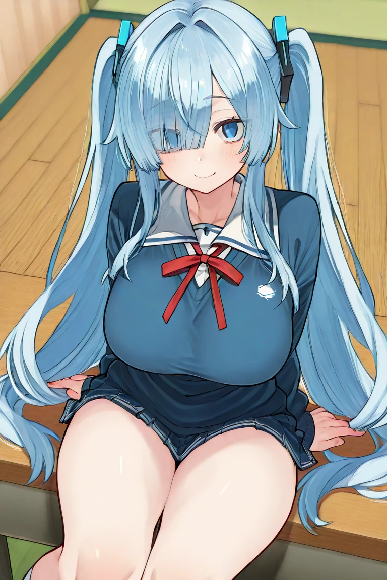 1girl,large breasts,glowing skin,looking at viewer,rabbit ears,red eyes,Long blunt hair,light blue hair,naughty smile,embarrassed,(orgasm:1.2),school swimsuit,bedroom,sitting,open legs