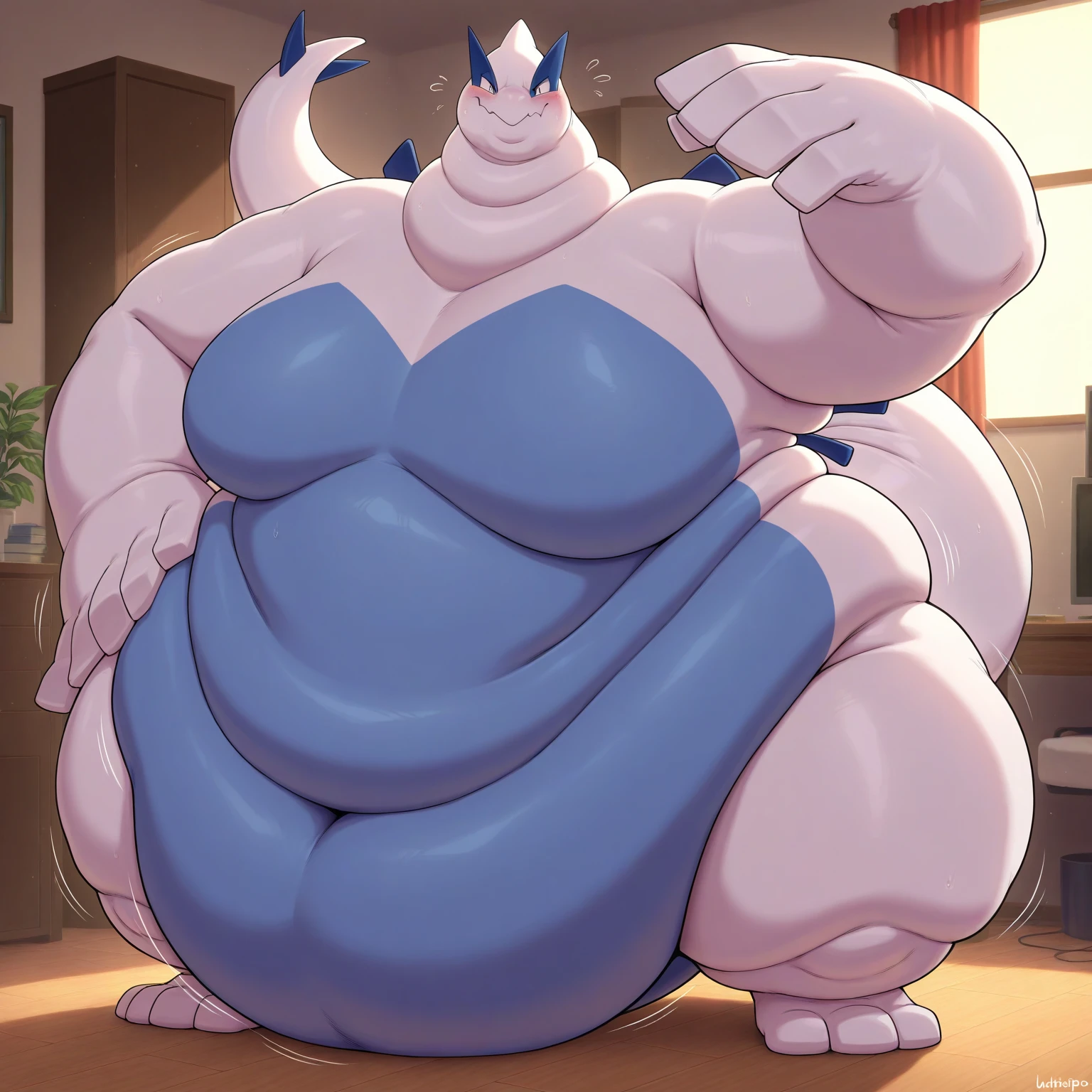 Arctic wolf, female, long messy white hair, huge hips, huge thighs, plump, voluptuous,huge breasts, morbidly obese, huge belly, belly rolls, fat arms, fat legs,fat rolls,fat neck, chubby cheeks, double chin 