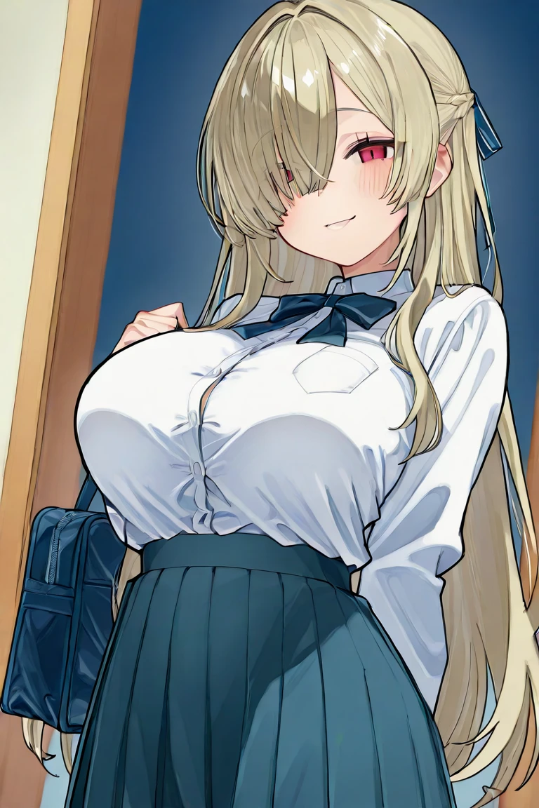 (((score_9, score_8_up, score_7_up, 1girl,solo,long hair,blonde hair,green eyes,ahoge,white hairpin,hair intakes,bow,hairclip))),((iyojima anzu,blond hair,green eye,gigantic breast,))((Perfect body,))((Super beautiful,))((High quality,))pov, Looking at Viewer,sweaty body, shiny skin,nsfw,looking shyly,(Heavy breathing,saliva,blush, sweat, Sweaty and wet all over,Steam,)blazer school uniforms,(Lift up the hem of her skirt to show off her crotch),Pleated skirts that are too short and expose underwear,Thigh-high socks,COWBOY SHOT,Smile,(half open eyes,),