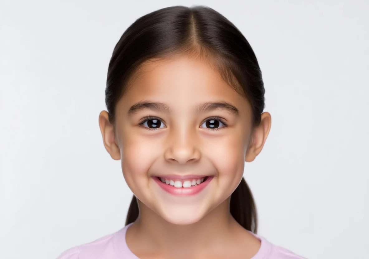 girl smiling in front od the camera, vivid colors and ultra-HD quality, white background.