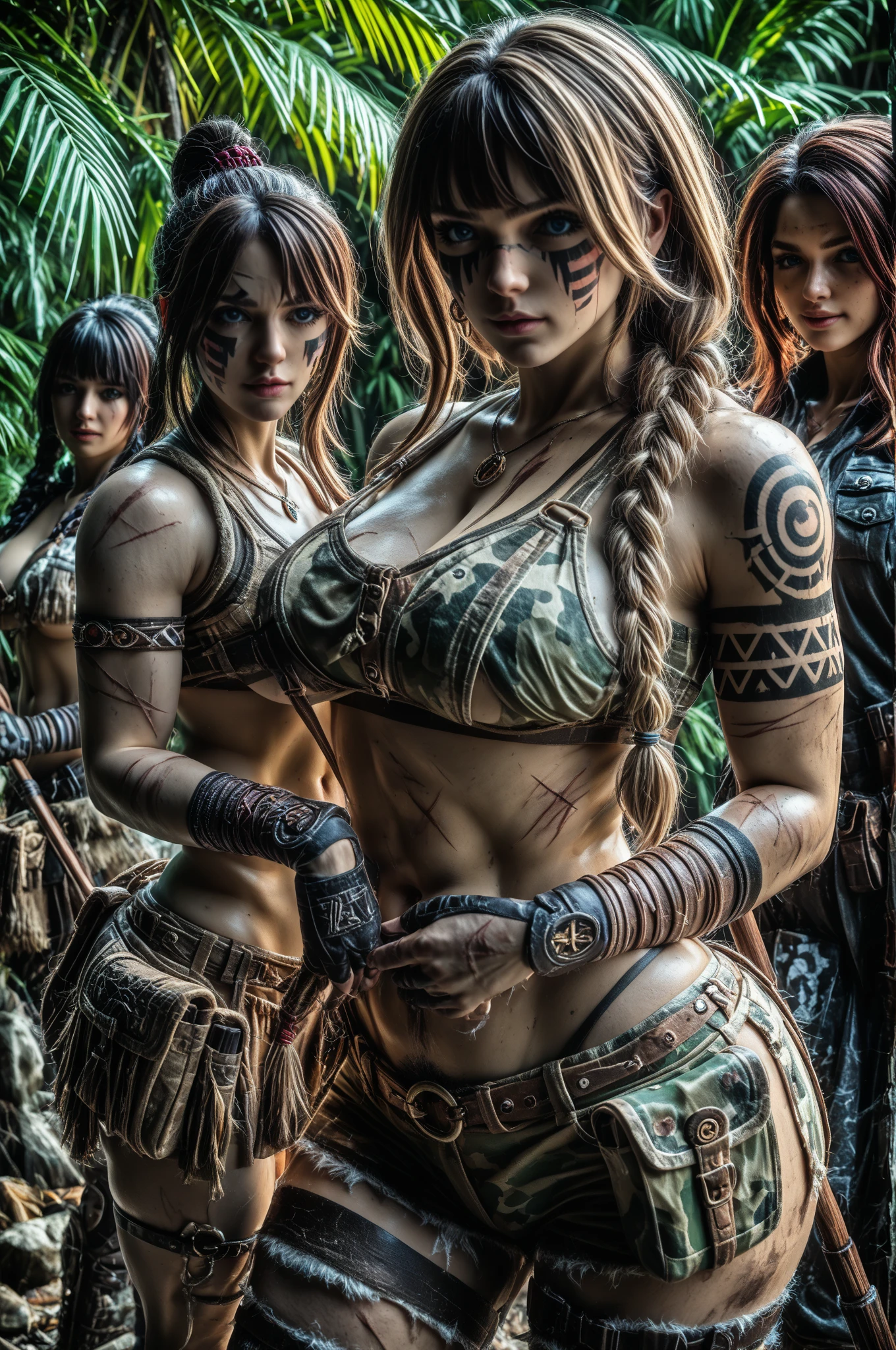 A (sexy, busty Malaysian Lara Croft wearing a hijab, and sexy explorer outfit), investigates an ancient Gold City at sunset, show all of her head to toe, action and adventure, giant snakes