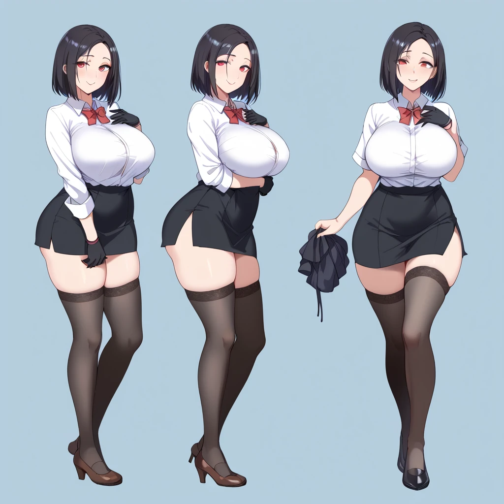 Office uniform thick thighs under miniskirt, a brat secretary teasing boobs, open navel, underboobs, crop top, voluptuous busty breasts, exotic fishnet thigh highs, alluring dominant sexy face with black hair, detailed midriff, peering waistline, stimulating soles, exhibiting legs, salivating tongue out, erect nipples, full body, thong, gorgeous calves, heels, encouraging viewer into submitting to soles, (((foot fetish))), (foot, toes, soles:1.2)