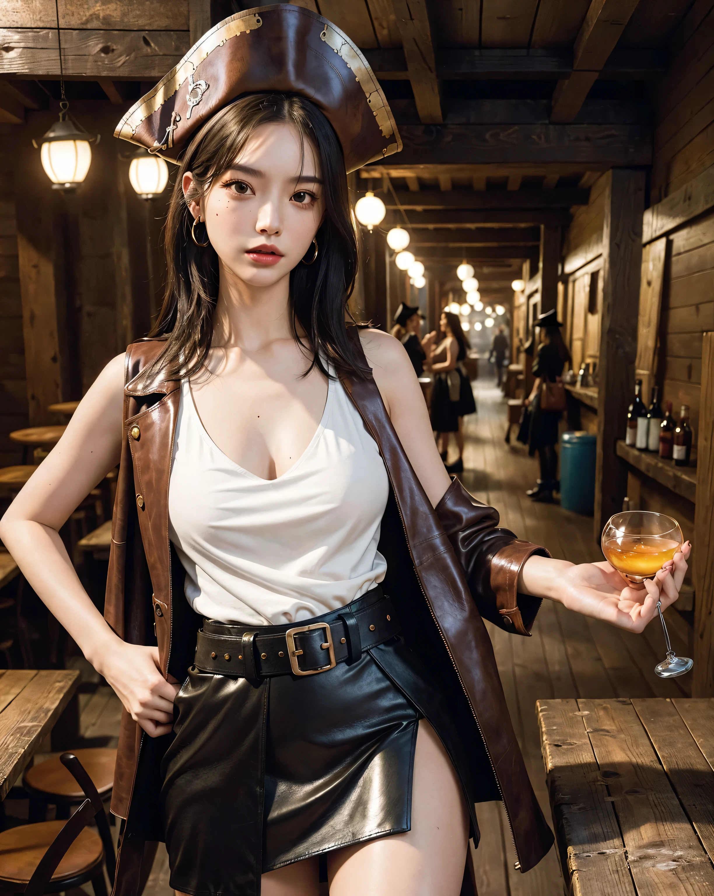 Holding a revolver in hand,western cowboy style,photography,best quality, realistic, photorealistic, intricate details, (delicate detailed), (intricate details), cinematic light, best quality Backlights, clear line, 8k,ultra high res, <lora:cowboyNiuzai_v10:1>,women, alcohol, bar, beer, beer_mug, belt, boots, bottle, bracelet, breasts, brown_hair, cowboy_hat, cowboy_western, crossed_legs, cup, drink, drinking_glass, hat, holding_cup, jewelry, lips, mug, necklace, realistic, sitting, solo, table, wine_glass