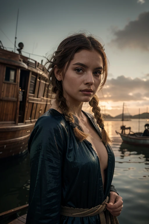 (masterpiece:1.2), best quality, photo of beautiful female fisherman, gingerhair, 40yo, wearing yellow raincoat, (on fishing boat:1.3), dark clouds, Photorealistic, Hyperrealistic, Hyperdetailed, analog style, hip cocked, demure, low cut, detailed skin, matte skin, soft lighting, subsurface scattering, realistic, heavy shadow, masterpiece, best quality, ultra realistic, 8k, golden ratio, Intricate, High Detail, film photography, soft focus