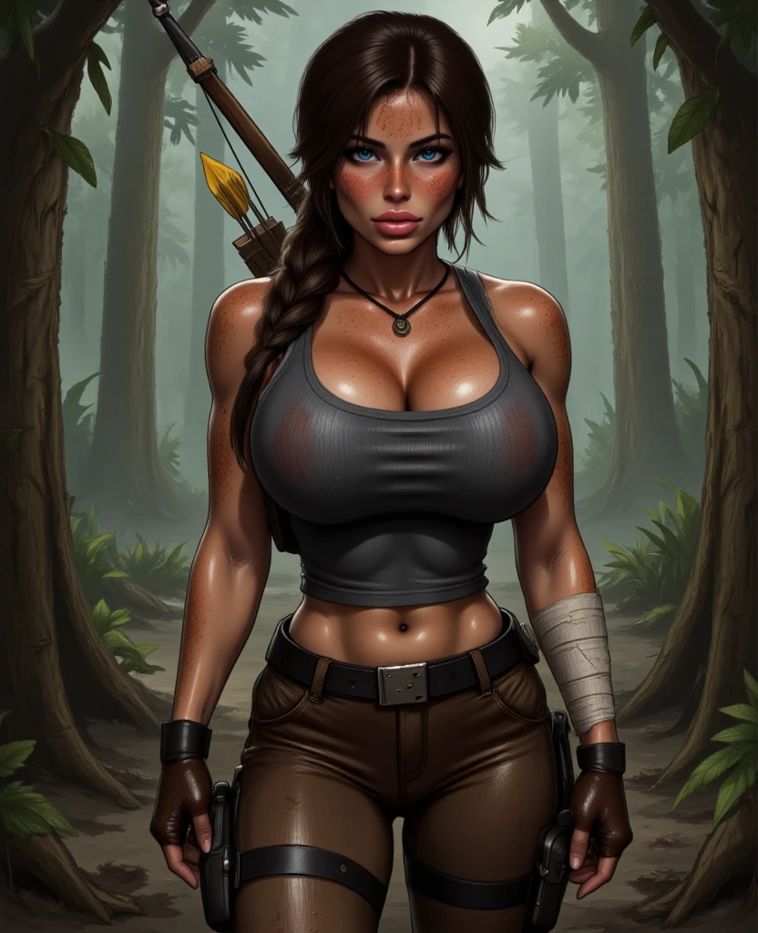 (nsfw),(solo), cosplay of beautiful female, mulatto, (adult women, 30 year old), (curvy women, seductive, sex-bomb), chicken, (Meru, Merunyaa:1.2), (devil-women),  (famous beautiful american supermodel), (fit, abs),  (busty,Large erect breasts,huge chests,erect nippleslips :1.3), thick thighs, slim waist, cameltoe, (red hair,redhead), (1long braid), [freckles],   [ Meru | Lara Croft ], (female body),(muscle body), muscle tummy, seductive body, BREAK
red body, (red burned skin), shining oily skin, (2short horns), Half-nude,  BREAK
( khaki army shorts:1.3 ), BREAK
(open breasts :1.4), (topless), [slim lightblue croptop, underboobs ], openwork tattoo on the biceps, BREAK
( pistol-holsters on her both thighs ), (thigh knife strap), wide belt, leather straps on hips and biceps,    
( 1small backpack on her back), army boots, black leather (tactic fingerless gloves:1.2), BREAK
( ((red)) round glasses:1.2 ), BREAK
ancient medallion around the neck (between her boobs),
    
(upperbody portrait),            
(detailed eyes, detailed cat-pupils, yellow eyes, glowing eyes), BREAK
outdoors,
ocean tropical beach, shining waterdrops, waves,
Sunday, sunrays, soft shining, sunburned, reflections of lights,   
(particles ,firefly,soft blue glowing, bioluminescence ),romantic mood, BREAK
seeker of adventures,

seduct, serious look, (languid look), BREAK
beautiful face, face makeup, detailed plump lips, Fairytale beauty, BREAK
(masterpiece, best quality, sharp focused shoot, blur background, photorealistic, realism, ultrarealism, cinematic, intricate, smalldetailed), (sharp focused pupils, detailed pupils, detailed iris of eyes, detailed contact lenses, detailed almond eyes, realistic hands, 8k,4k, HD, high res, hi-res), 
(wide dynamic range, hdr ),
by Pino Daeni, by ruaidri, by virtyalfobo, by Kenket, (by iskra, by darkgem, by merunyaa),