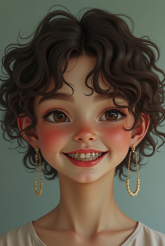 Create a curly haired Italian boy, freckles, piercings in the ears and corner of the mouth, larger than normal canines and an ornament on one of the upper canines